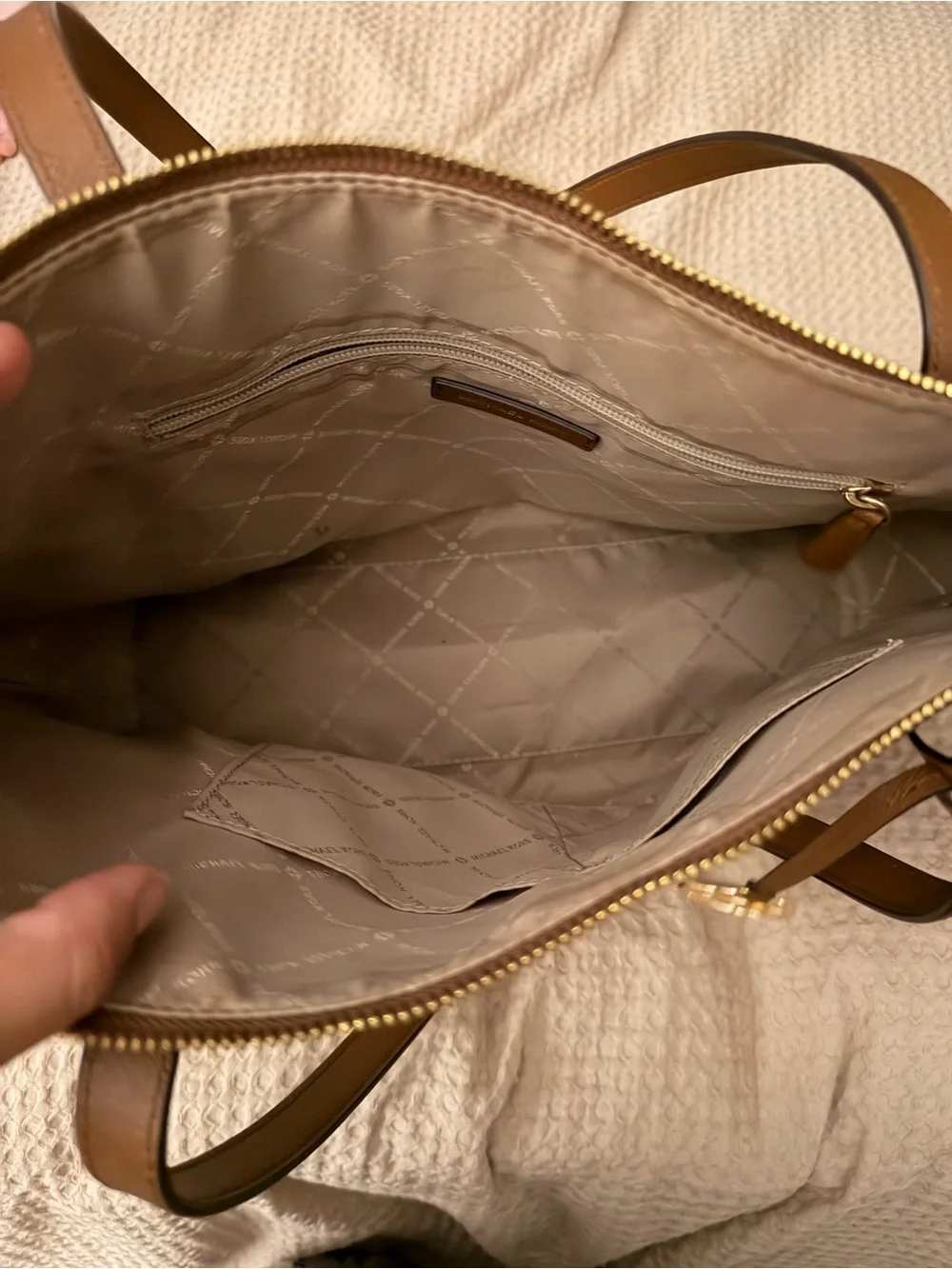 Michael Kors Tan and Cream MK Logo Tote with Gold Accent